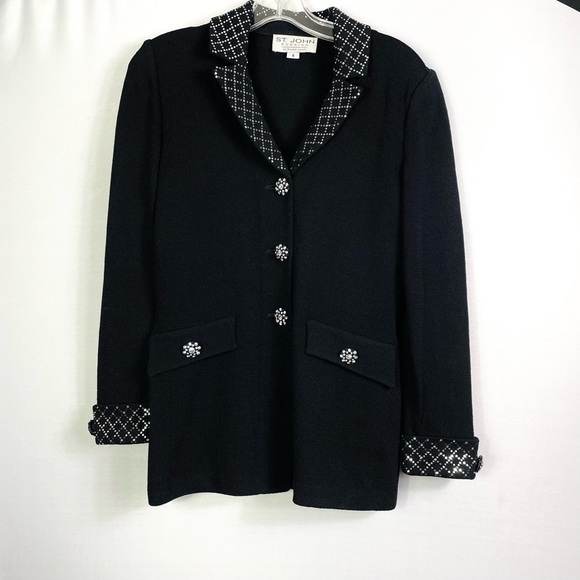St John Black Jacket Embellished w/ Rhinestones & Sequins Sz 4